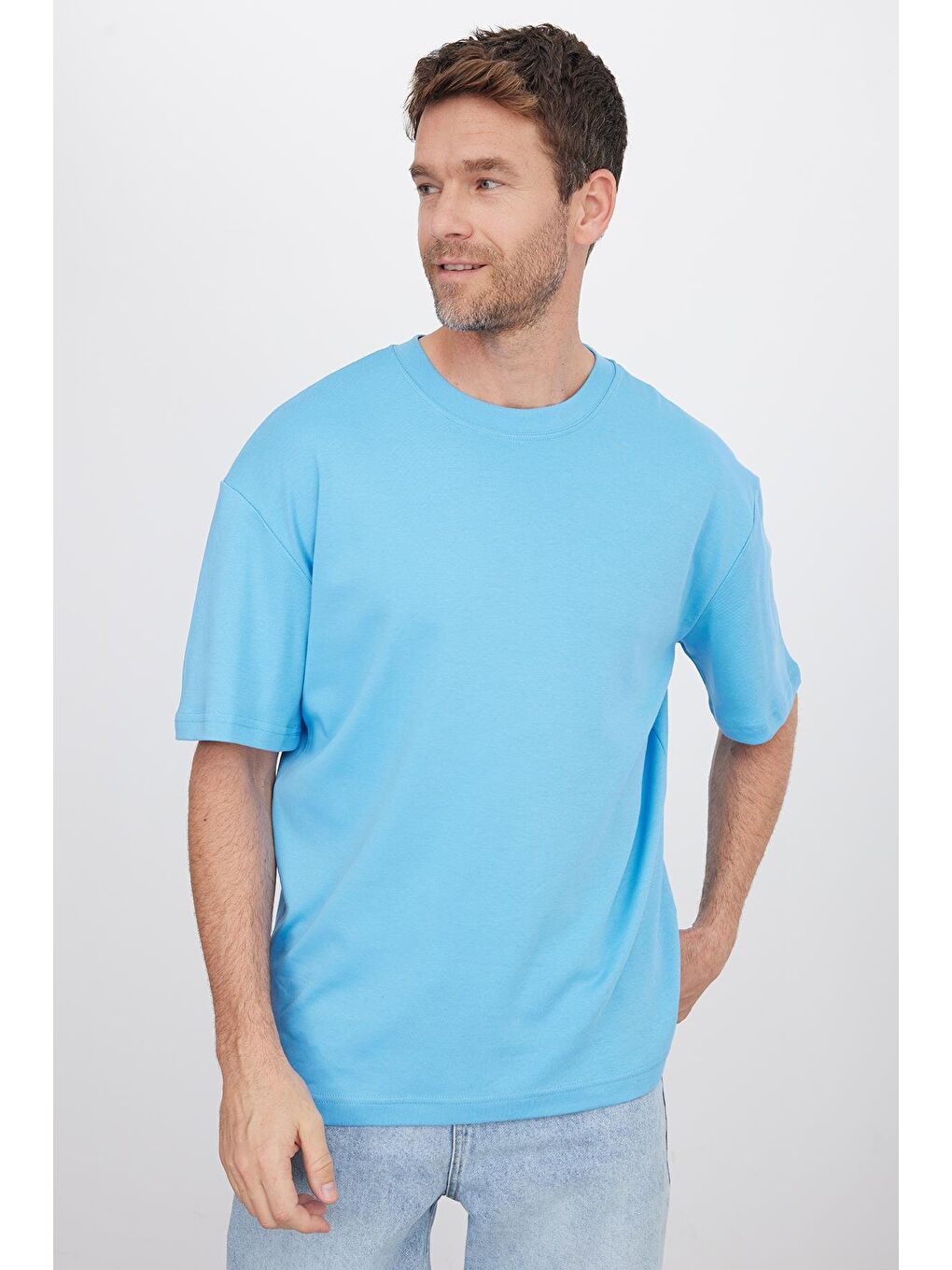 Unisex Oversize Geniş Kesim %100 Pamuk Yumuşak Dokulu Basic Bisiklet Yaka Mavi Tişört-3