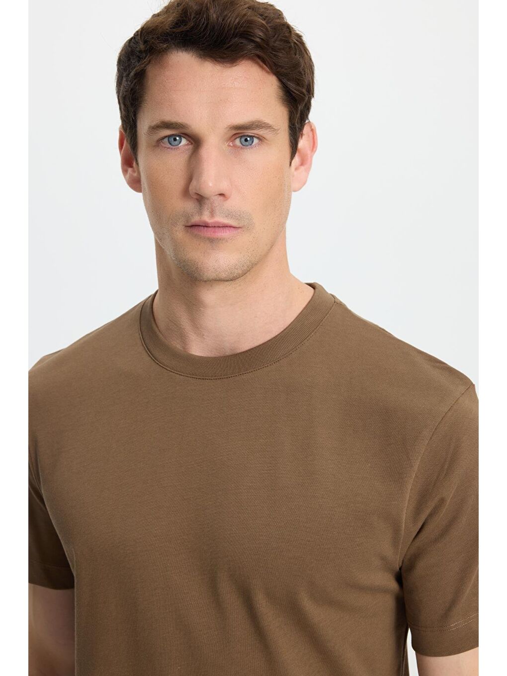 Erkek Regular Fit Klasik Kesim %100 Pamuk Bisiklet Yaka Kahverengi Tişört-1