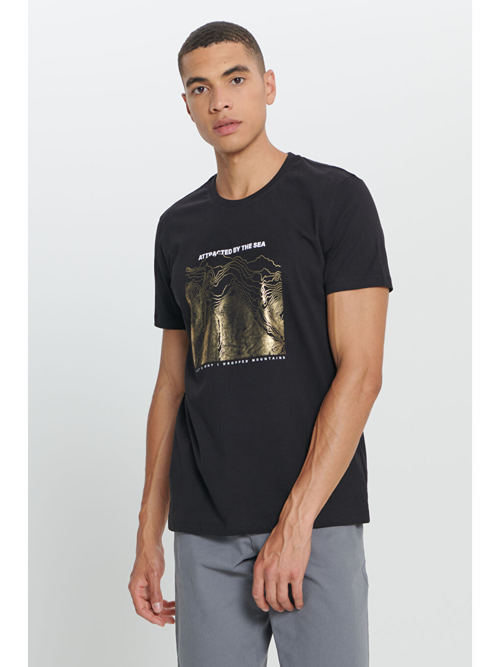 Erkek Siyah Standart Fit Normal Kesim %100 Pamuk Baskılı Bisiklet Yaka Tişört-3