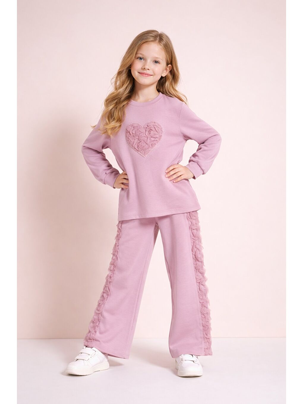 Pembe Gül Detaylı Geniş Paça Pantolonlu Kız Çocuk Badili 2li Takım 23730-1