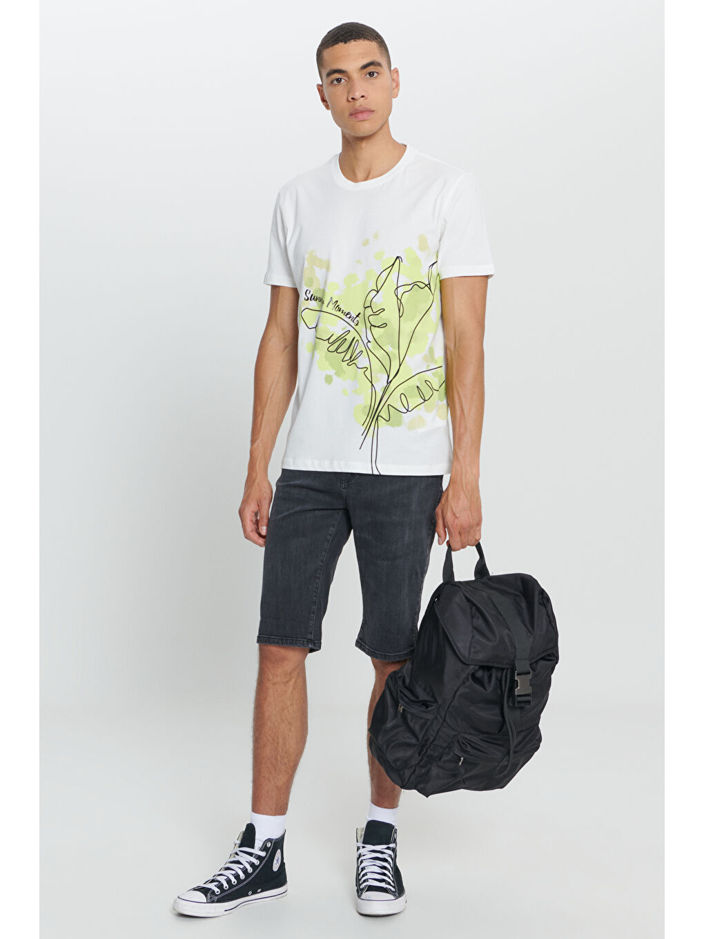 Erkek Beyaz Standart Normal Kesim %100 Pamuk Baskılı Bisiklet Yaka Tişört-1