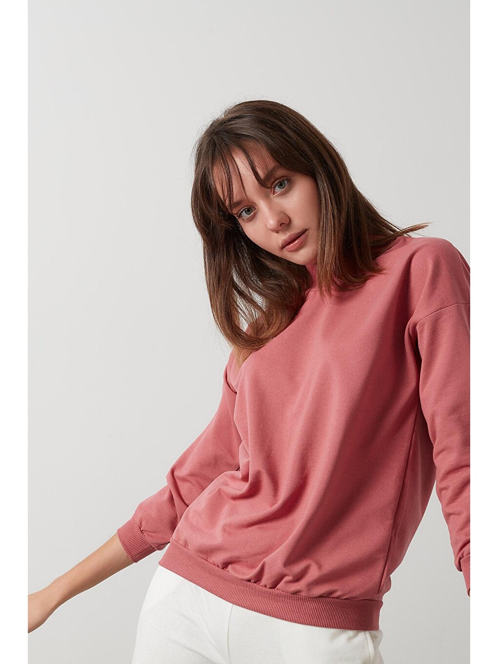 Pembe Pamuklu Dik Yaka Basic Örme Sweat 5863323