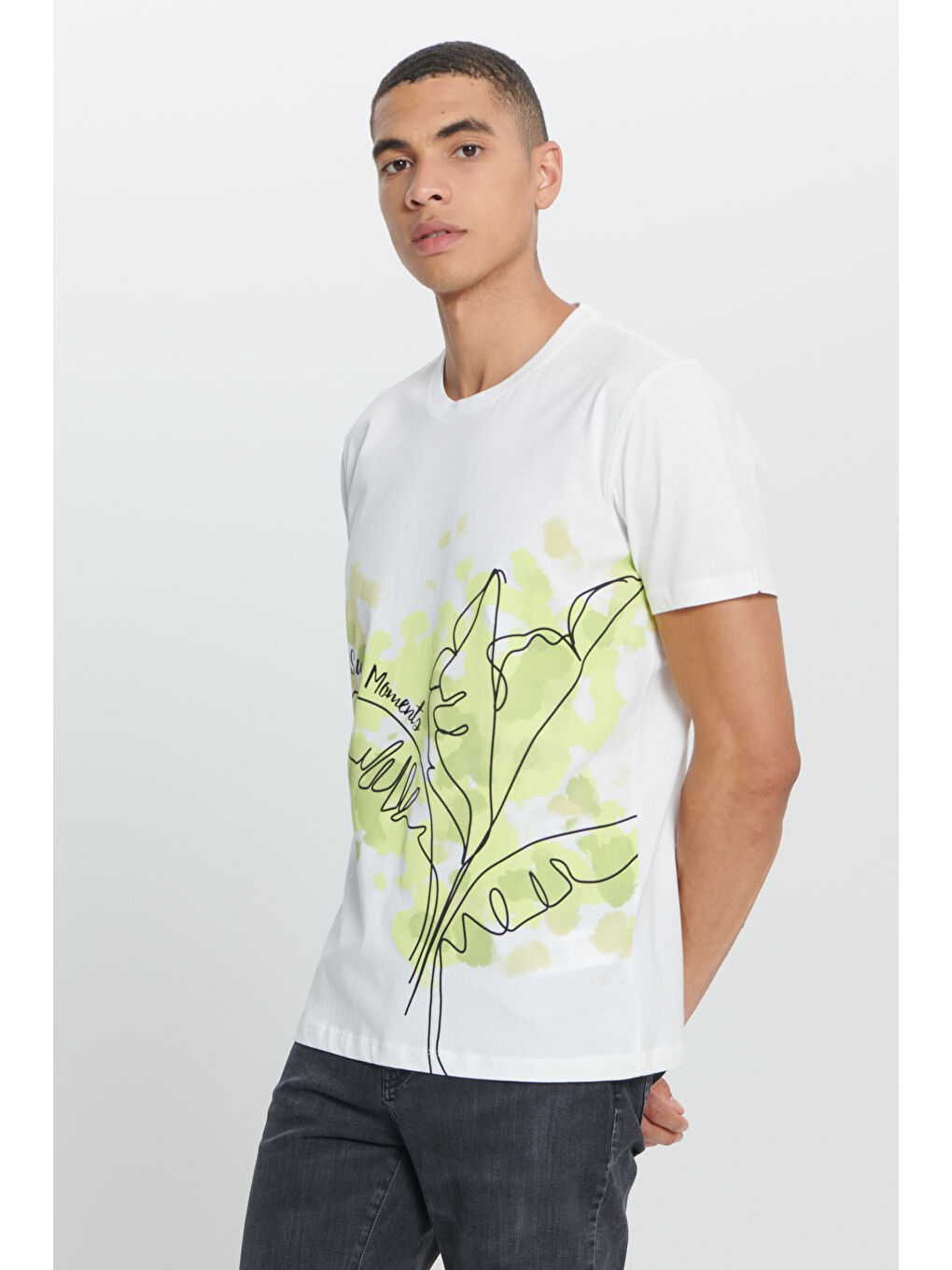 Erkek Beyaz Standart Normal Kesim %100 Pamuk Baskılı Bisiklet Yaka Tişört-3