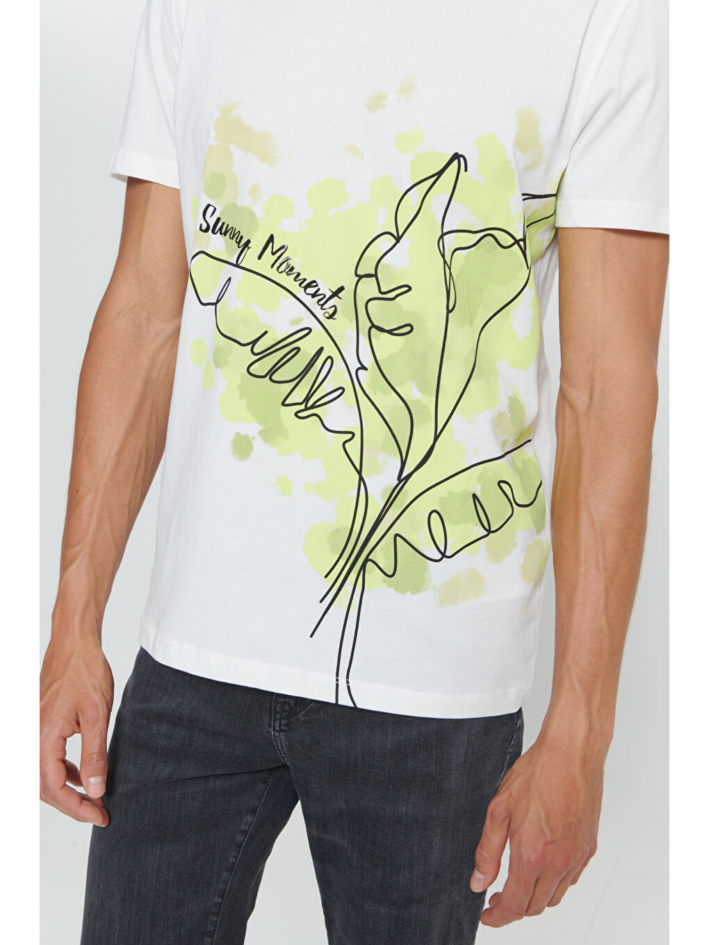 Erkek Beyaz Standart Normal Kesim %100 Pamuk Baskılı Bisiklet Yaka Tişört-4