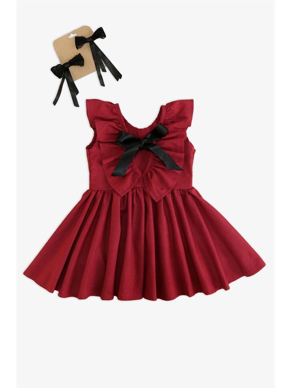 Kız Çocuk Bordo Cherry Fiyonklu Fırfırlı Elbise Toka Takım-5