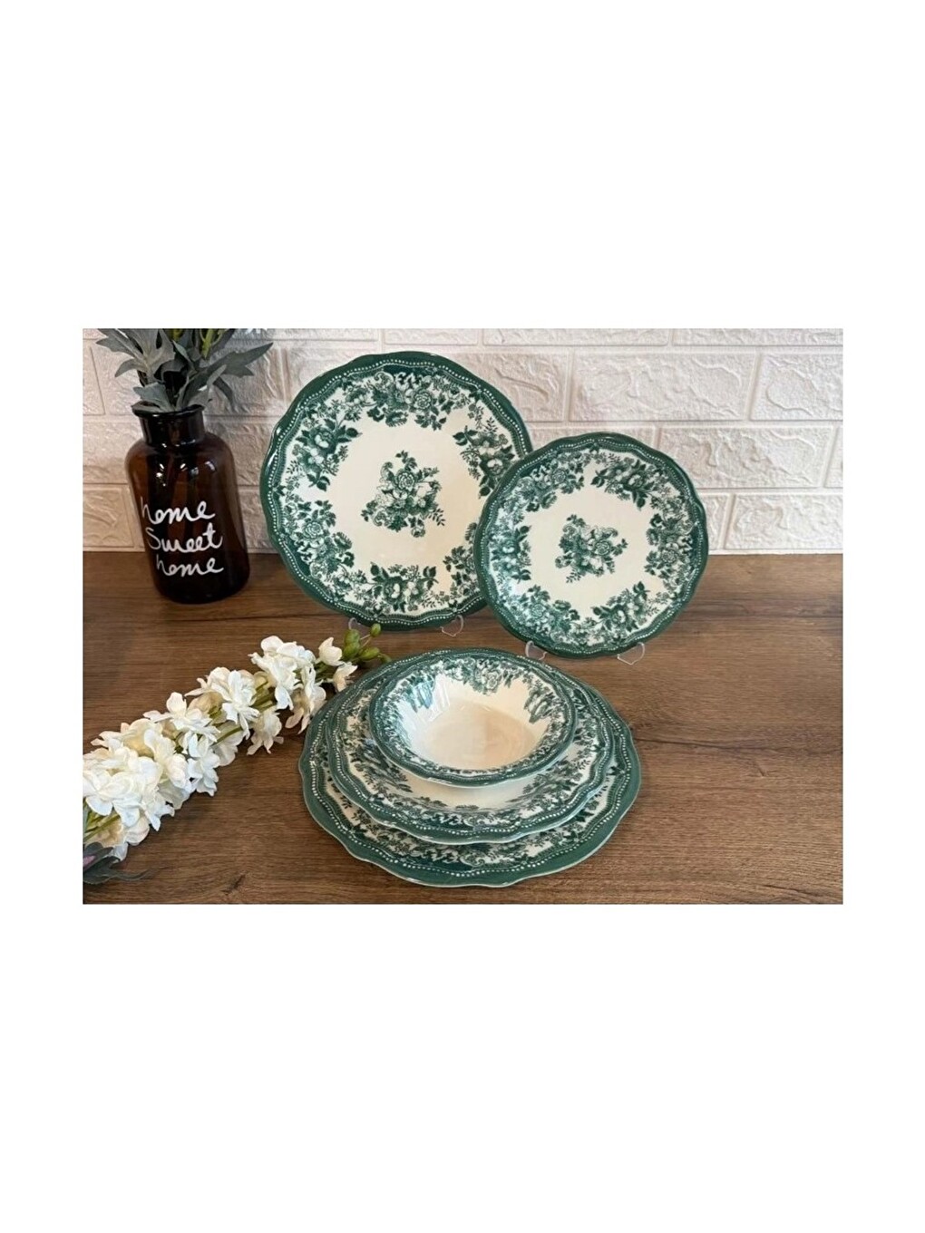 Beyaz Porselen Fulya Velour Green Yemek Takımı 6 Kişilik 24 Parça