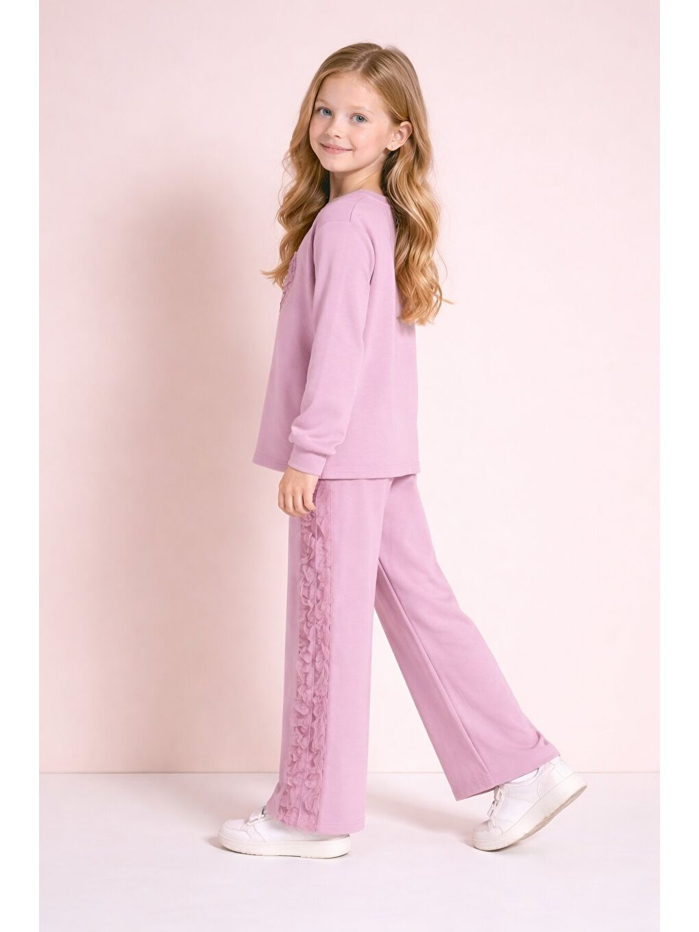Pembe Gül Detaylı Geniş Paça Pantolonlu Kız Çocuk Badili 2li Takım 23730-4