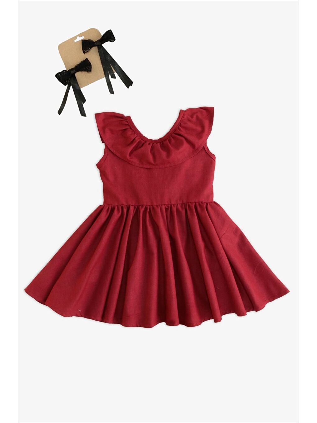 Kız Çocuk Bordo Cherry Fiyonklu Fırfırlı Elbise Toka Takım-6