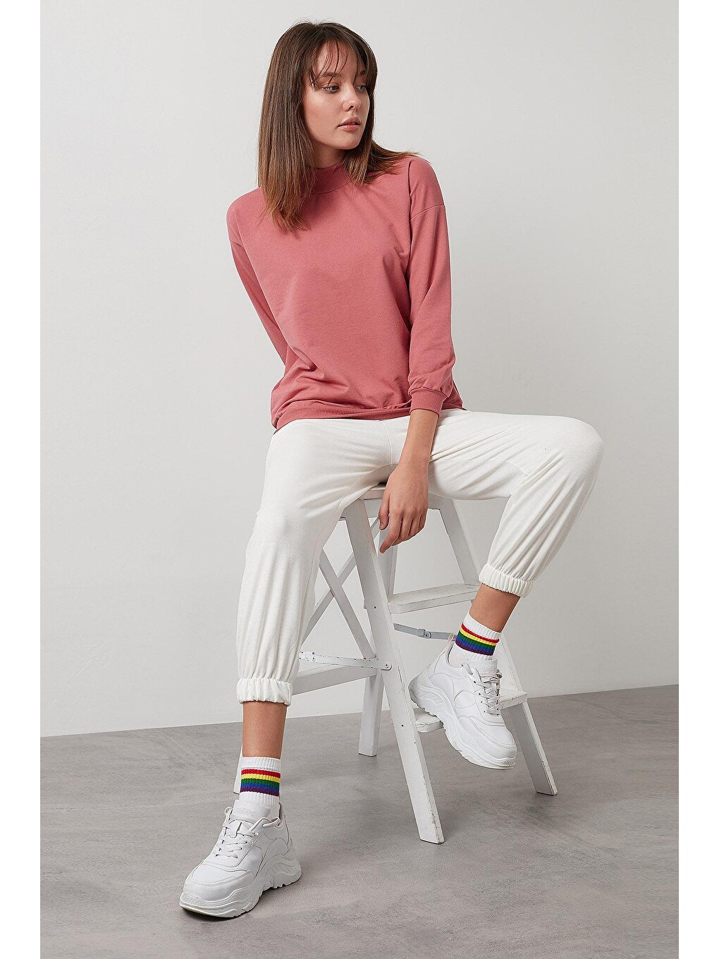 Pembe Pamuklu Dik Yaka Basic Örme Sweat 5863323-1