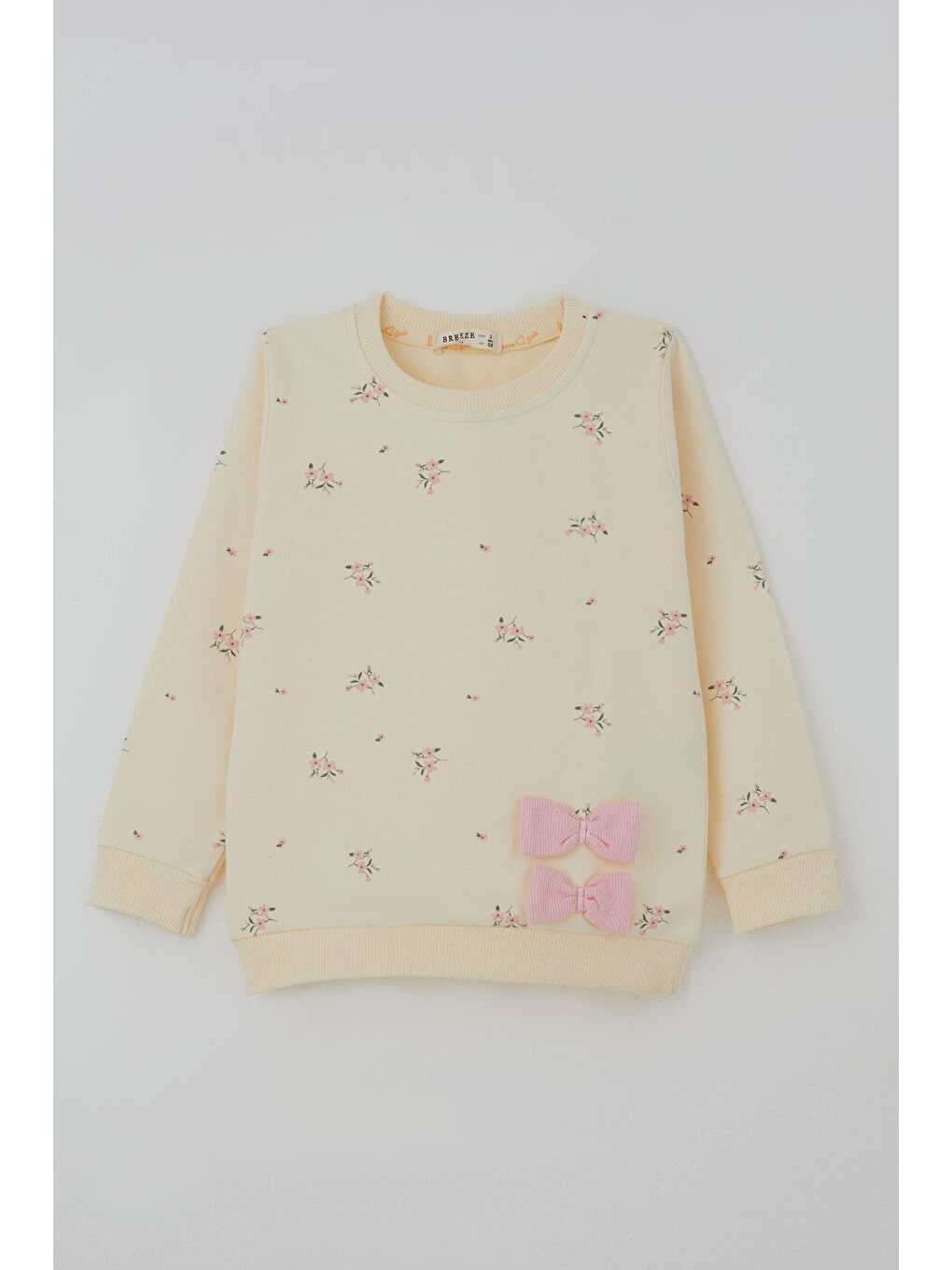 Ekru Kız Çocuk Taytlı Takım İspanyol Paça Çiçek Desenli Fiyonk Detaylı Krem (1.5-5 Yaş)-1