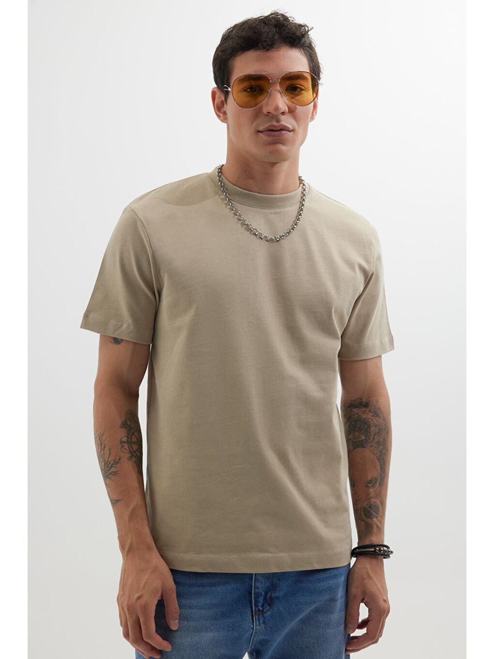 Erkek Regular Fit Klasik Kesim %100 Pamuk Bisiklet Yaka Bej Tişört-3