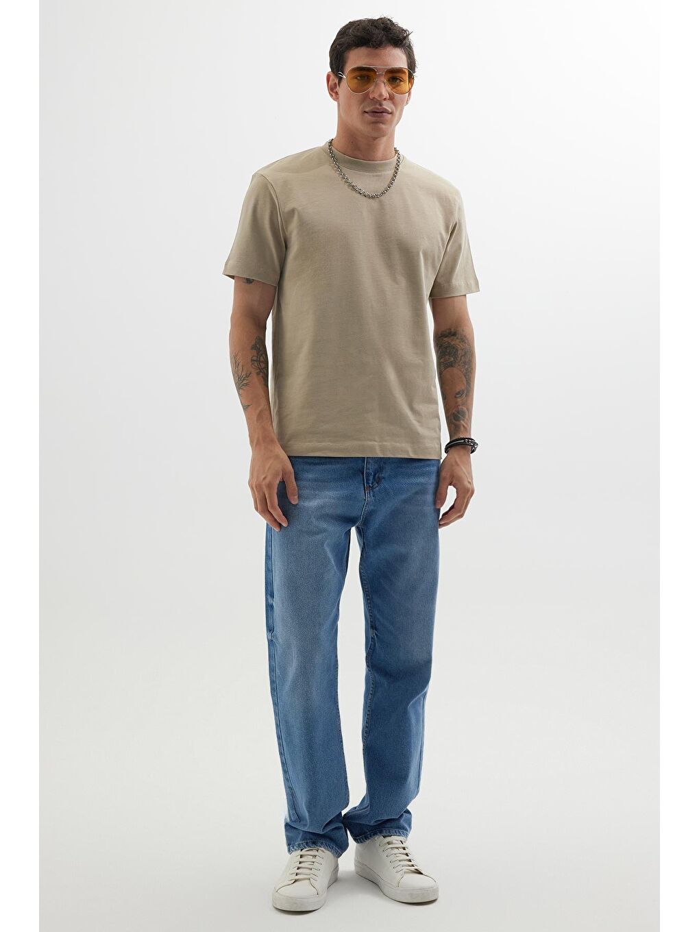 Erkek Regular Fit Klasik Kesim %100 Pamuk Bisiklet Yaka Bej Tişört-4
