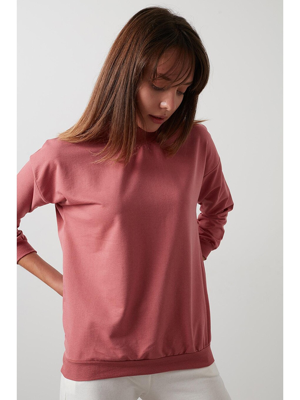 Pembe Pamuklu Dik Yaka Basic Örme Sweat 5863323-2