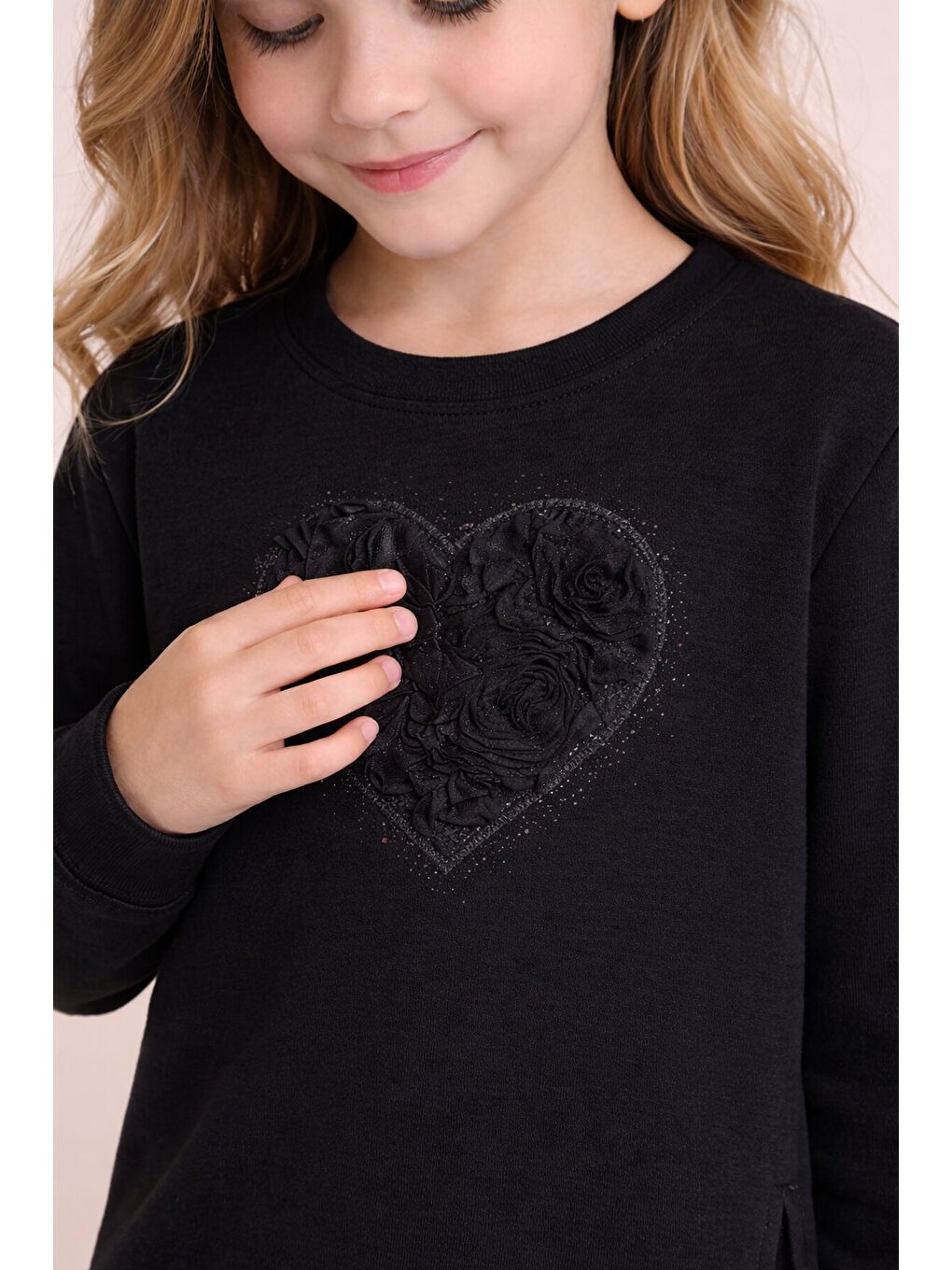 Siyah Gül Detaylı Geniş Paça Pantolonlu Kız Çocuk Badili 2li Takım 23729-1