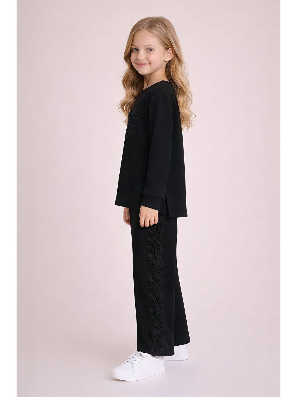 Siyah Gül Detaylı Geniş Paça Pantolonlu Kız Çocuk Badili 2li Takım 23729-2