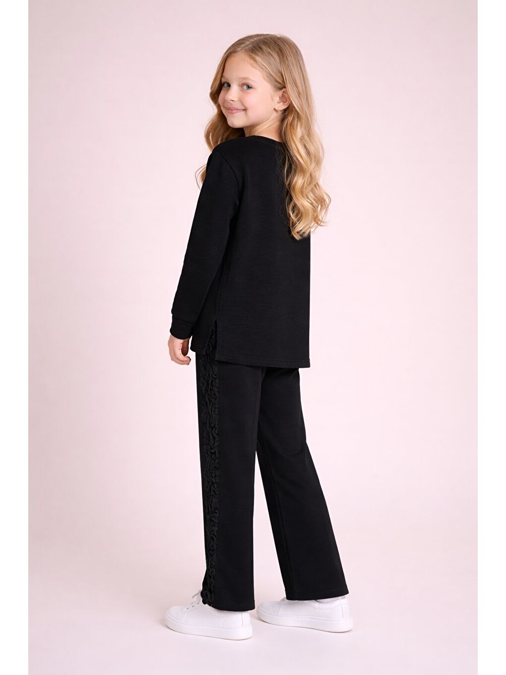 Siyah Gül Detaylı Geniş Paça Pantolonlu Kız Çocuk Badili 2li Takım 23729-4