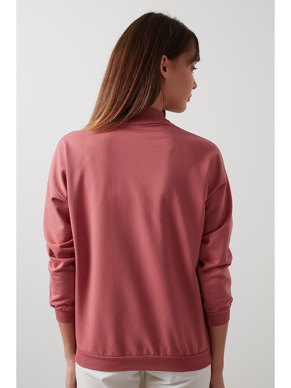 Pembe Pamuklu Dik Yaka Basic Örme Sweat 5863323-3