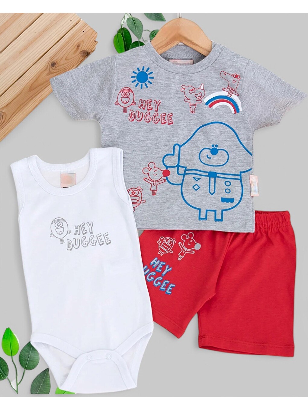 Gri Erkek Bebek 3 Parça Yazlık Çıtçıtlı Bodyli Baskılı İnterlok Bebek Takımı