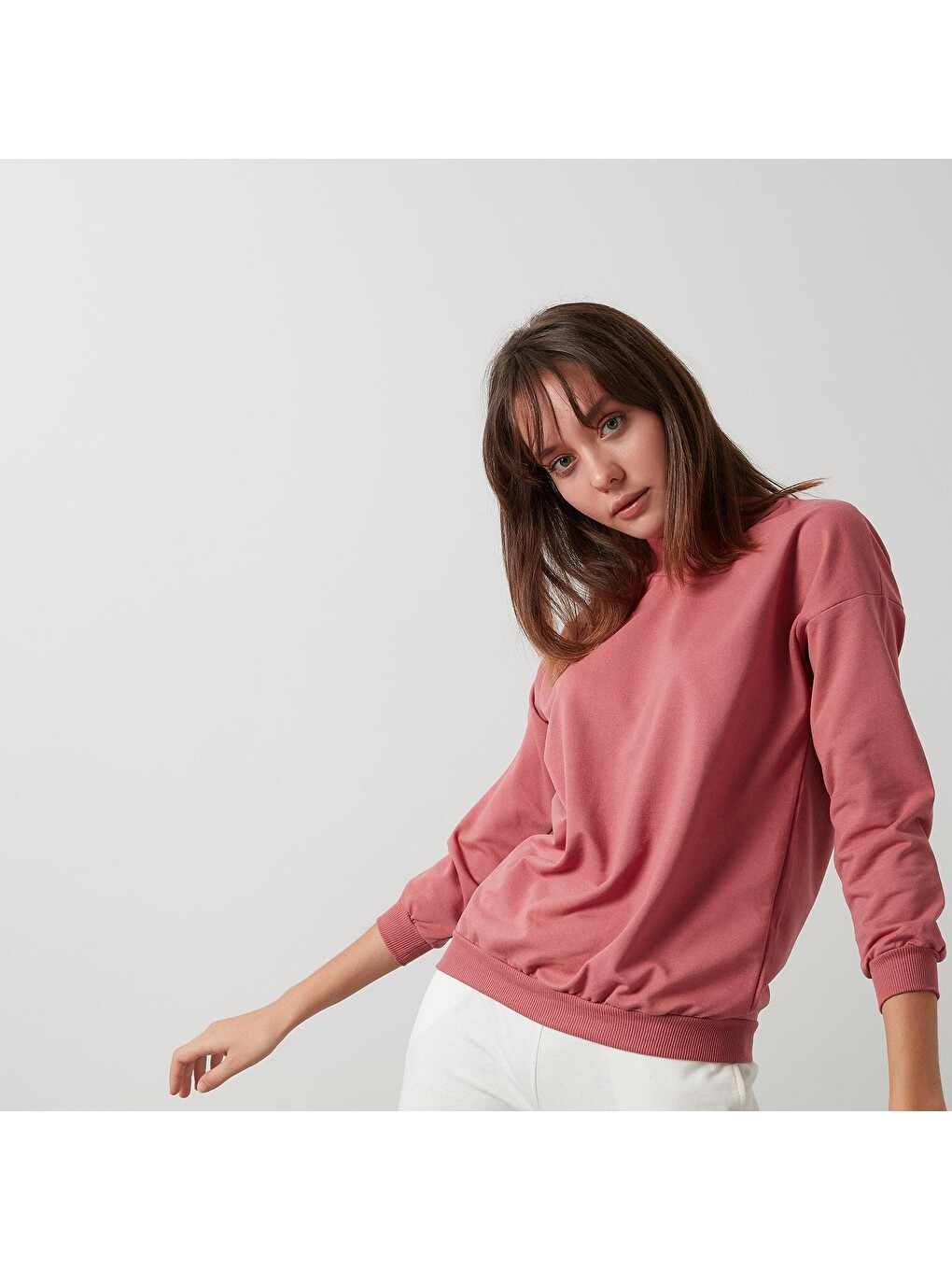 Pembe Pamuklu Dik Yaka Basic Örme Sweat 5863323-4