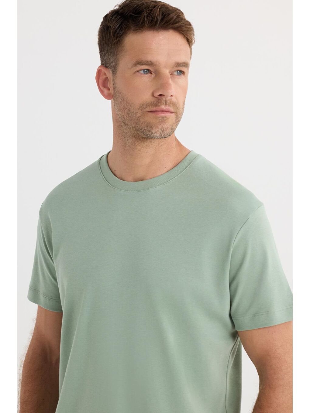 Unisex Relax Fit Rahat Kesim %100 Pamuk Yumuşak Dokulu Hafif Kalın Yeşil Bisiklet Yaka Tişört-1