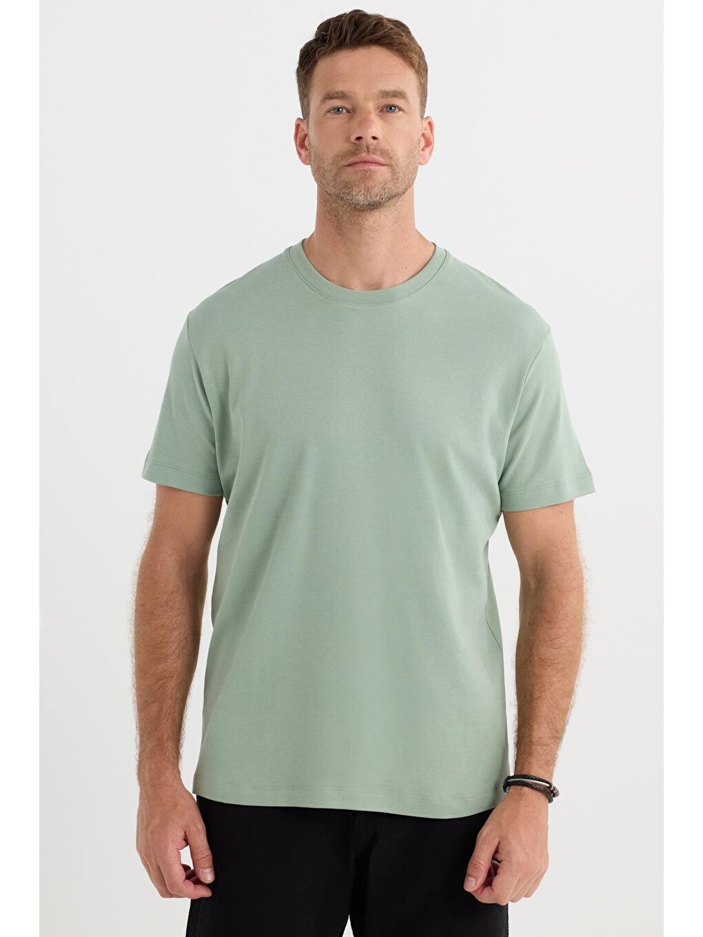 Unisex Relax Fit Rahat Kesim %100 Pamuk Yumuşak Dokulu Hafif Kalın Yeşil Bisiklet Yaka Tişört-3