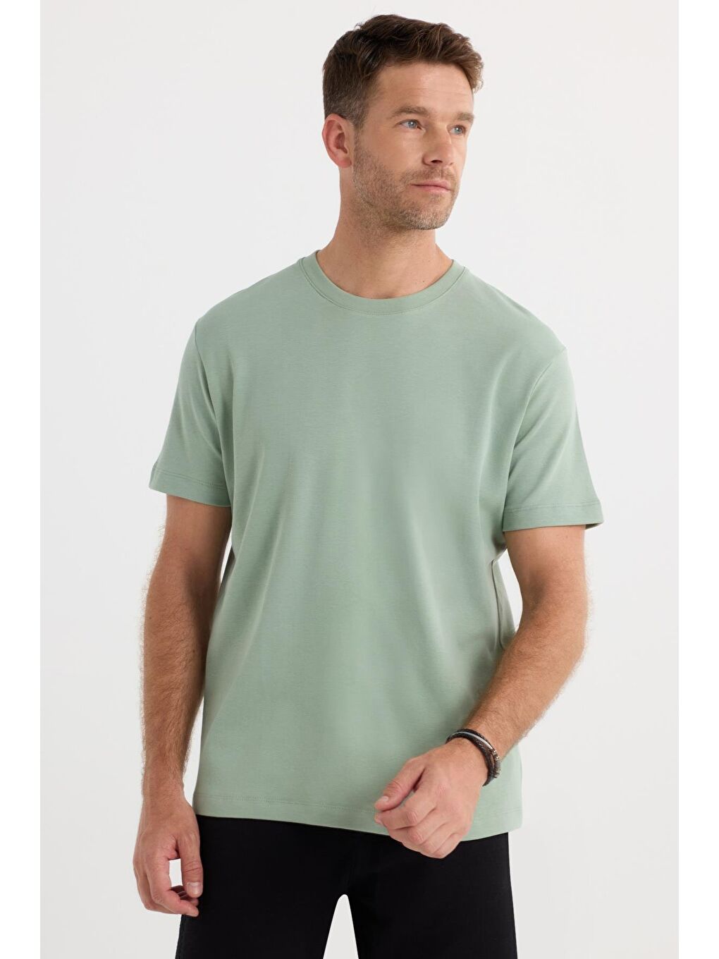 Unisex Relax Fit Rahat Kesim %100 Pamuk Yumuşak Dokulu Hafif Kalın Yeşil Bisiklet Yaka Tişört-4