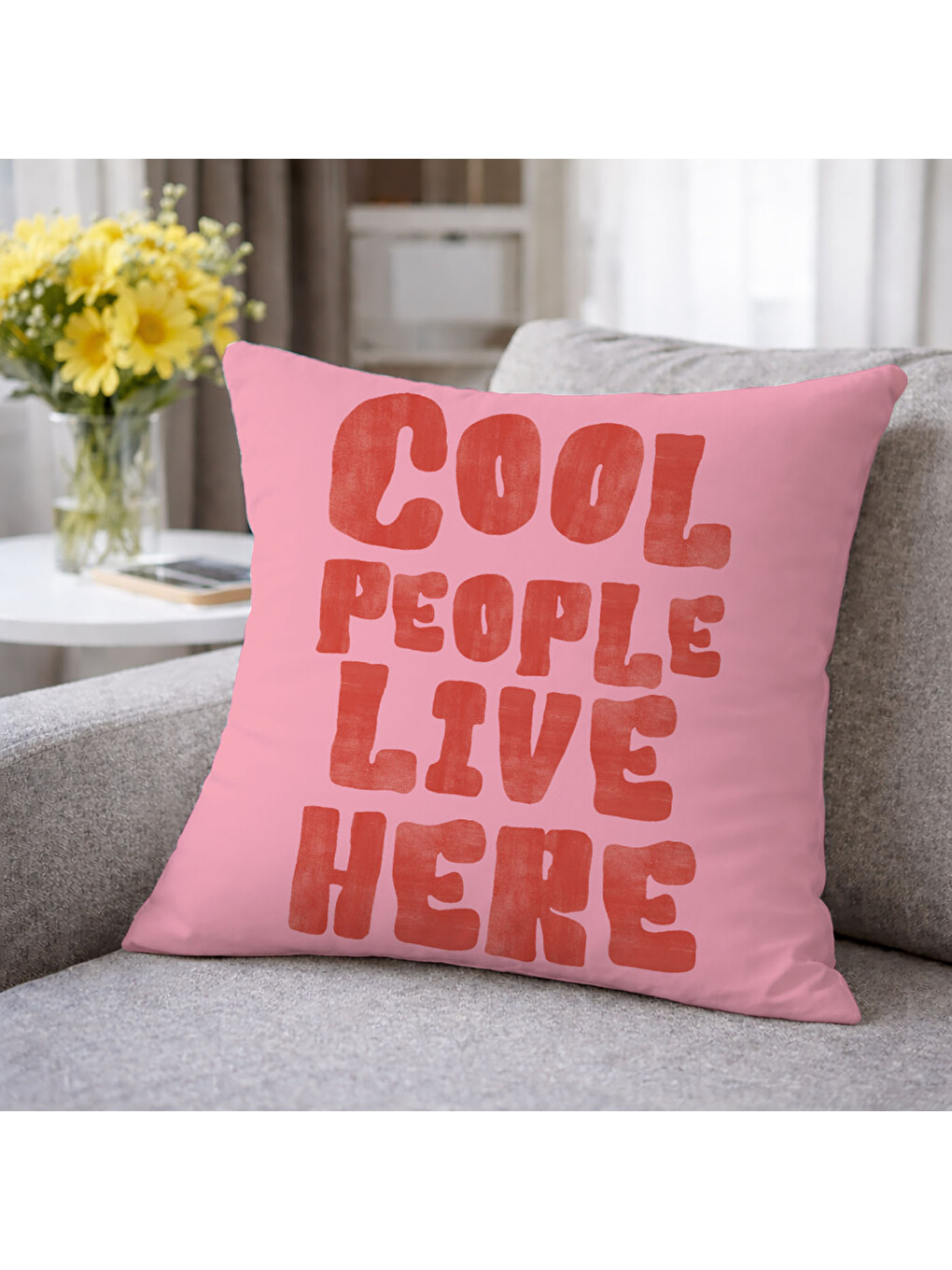 Mavi Dekoratif Kırlent Kılıfı 43x43 cm Cool People Live Here Yazılı Pembe Çift Taraf Baskılı TKB65552-2