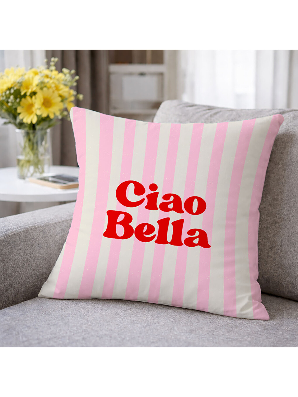 Kırmızı Dekoratif Kırlent Kılıfı Ciao Bella Yazılı Pembe Çizgili Tasarım Çift Taraf Baskılı TKB65551-2