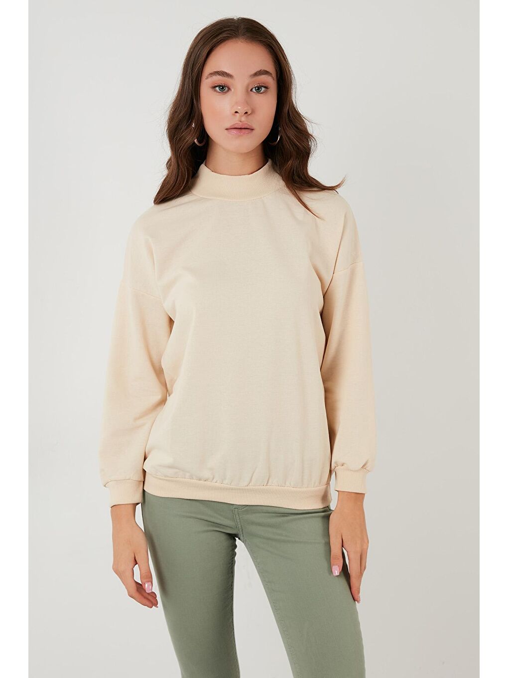 Bej Pamuklu Dik Yaka Basic Örme Kadın Sweat 5863323-1