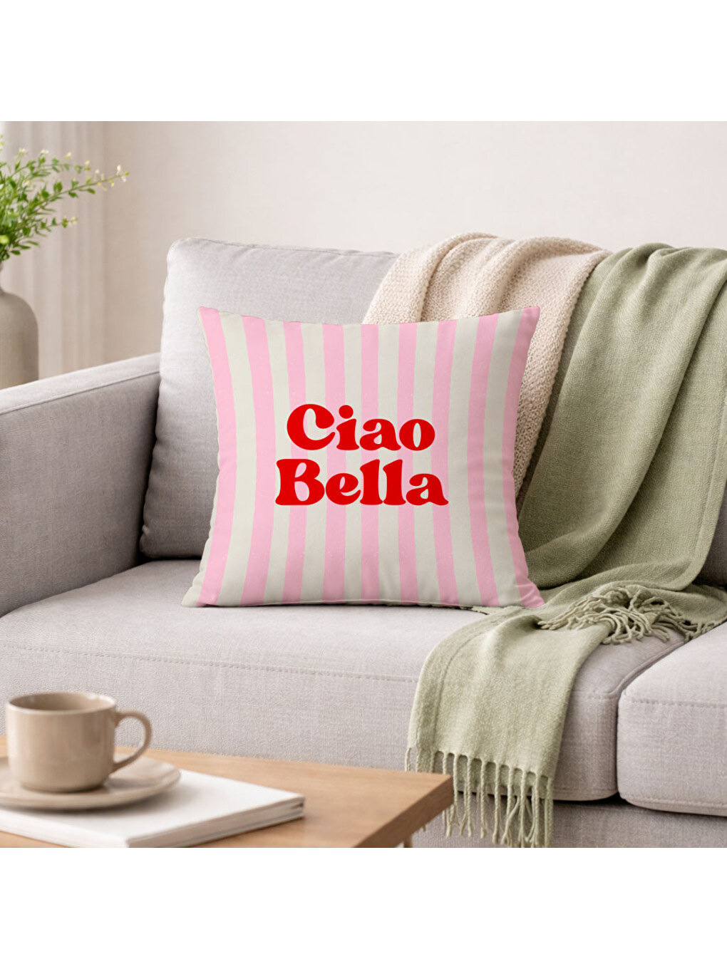 Kırmızı Dekoratif Kırlent Kılıfı Ciao Bella Yazılı Pembe Çizgili Tasarım Çift Taraf Baskılı TKB65551-5