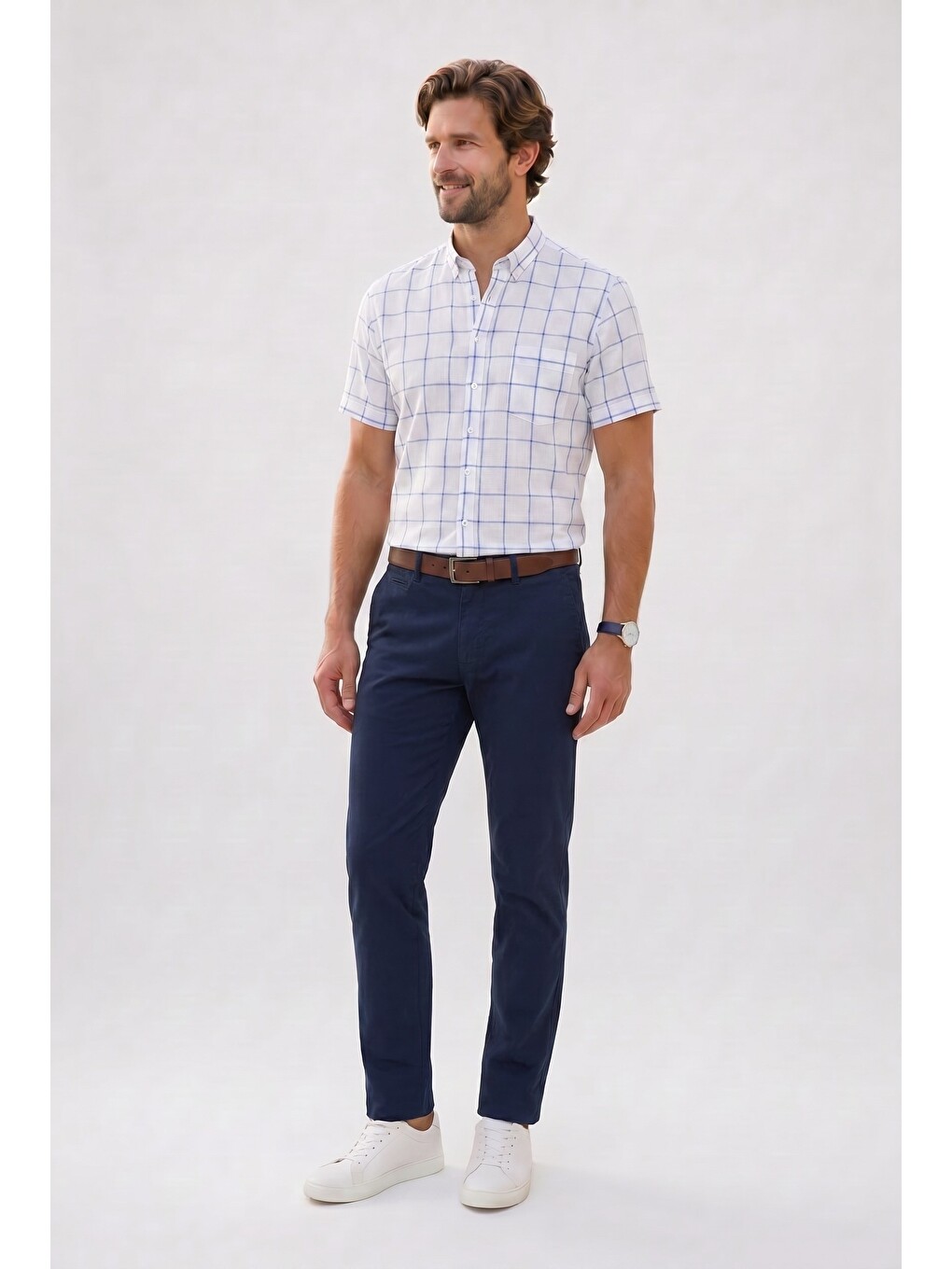 Erkek Regular Fit Klasik Kesim %100 Pamuk Kısa Kollu Kareli Keten Efektli Cepli Saks Mavi Gömlek-6