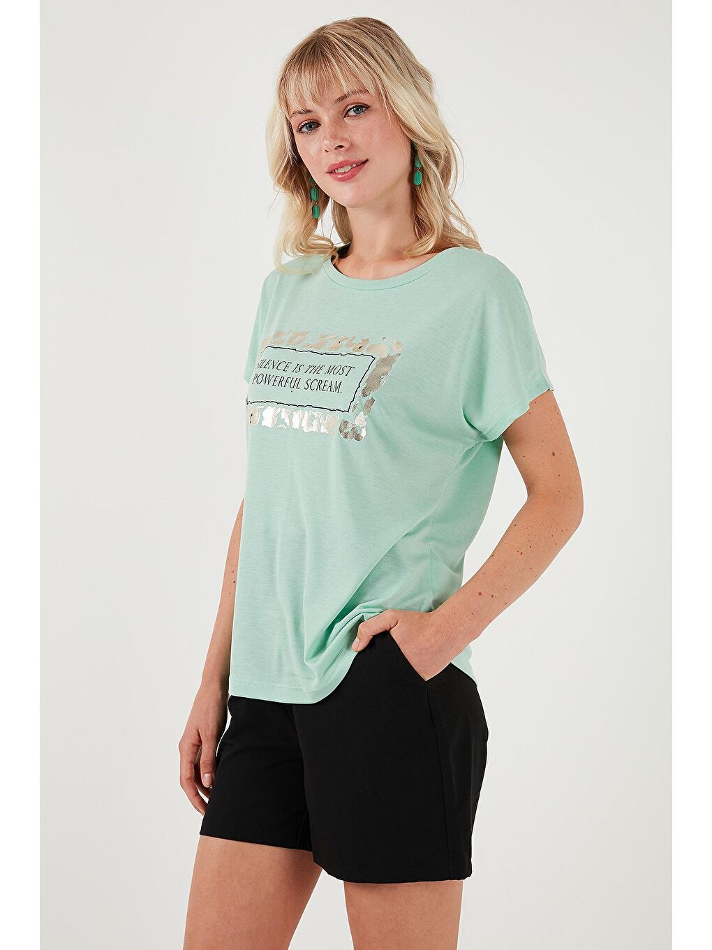 Lela Nane Yeşili Baskılı Bisiklet Yaka Regular Fit T Shirt 6671007