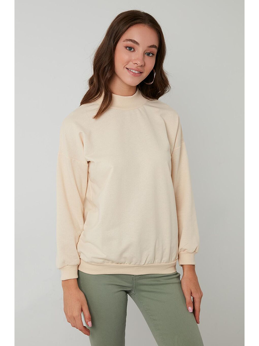 Bej Pamuklu Dik Yaka Basic Örme Kadın Sweat 5863323-3