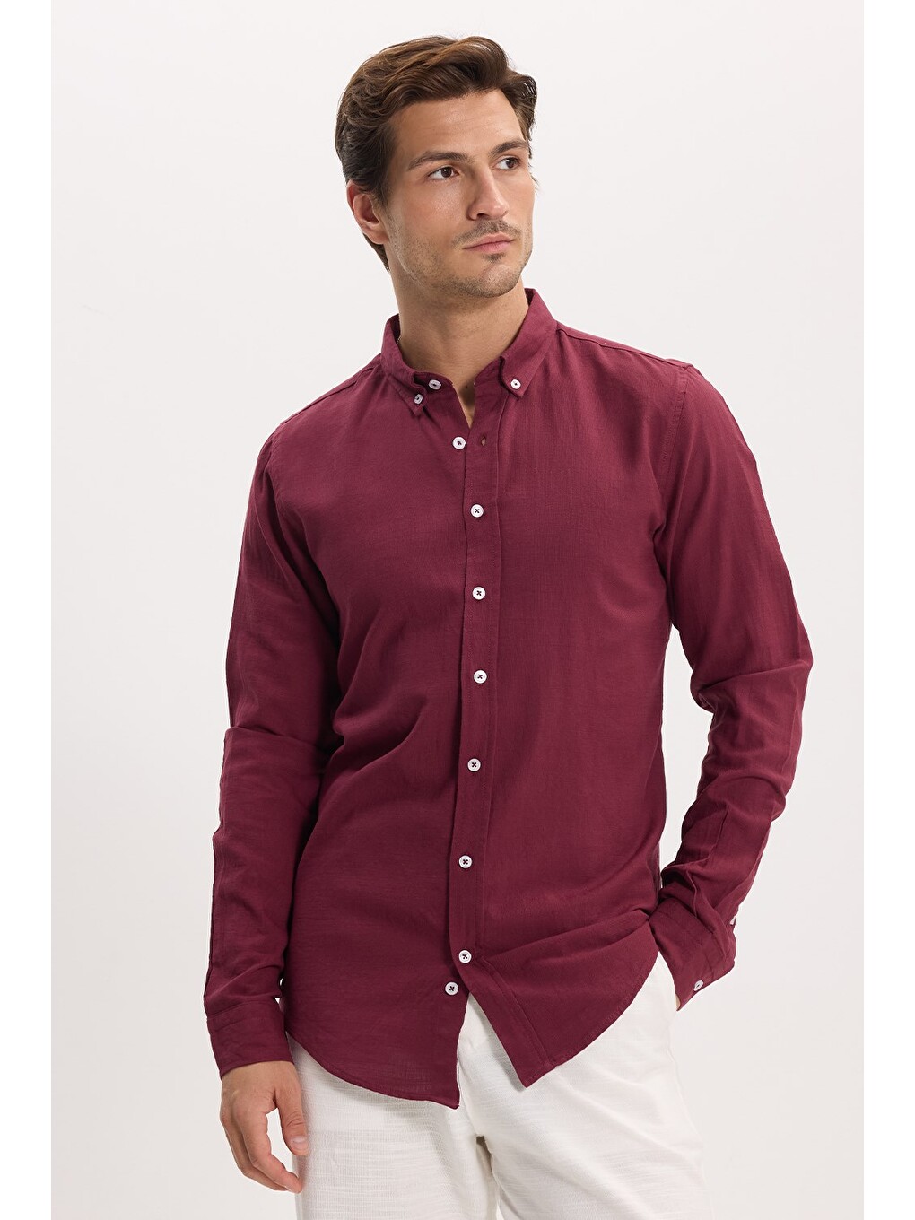 Erkek Slim Fit Dar Kesim %100 Pamuk Düğmeli Yaka Flam Keten Bordo Gömlek