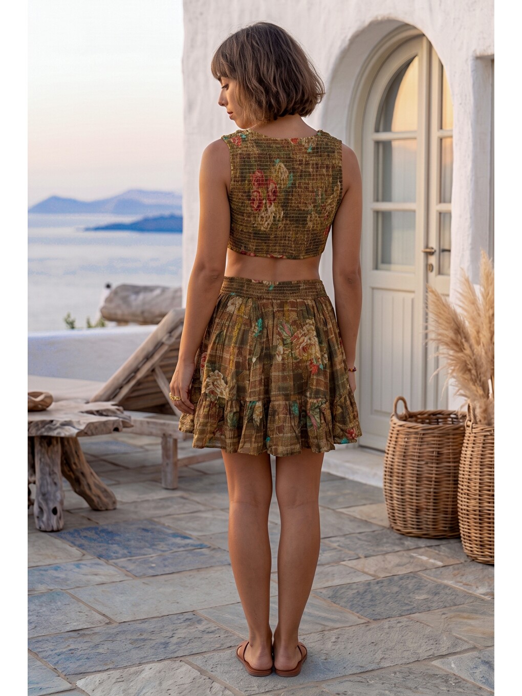 Kahverengi Tarçın Rengi Astarlı Eteği Fırfırlı Pul Payetli Nakışlı Crop Fit Dokuma Alt Üst Takım 30-48 60-65-1