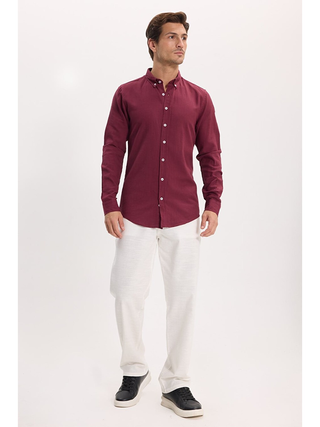 Erkek Slim Fit Dar Kesim %100 Pamuk Düğmeli Yaka Flam Keten Bordo Gömlek-1