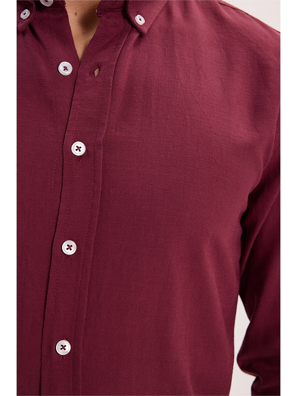 Erkek Slim Fit Dar Kesim %100 Pamuk Düğmeli Yaka Flam Keten Bordo Gömlek-2