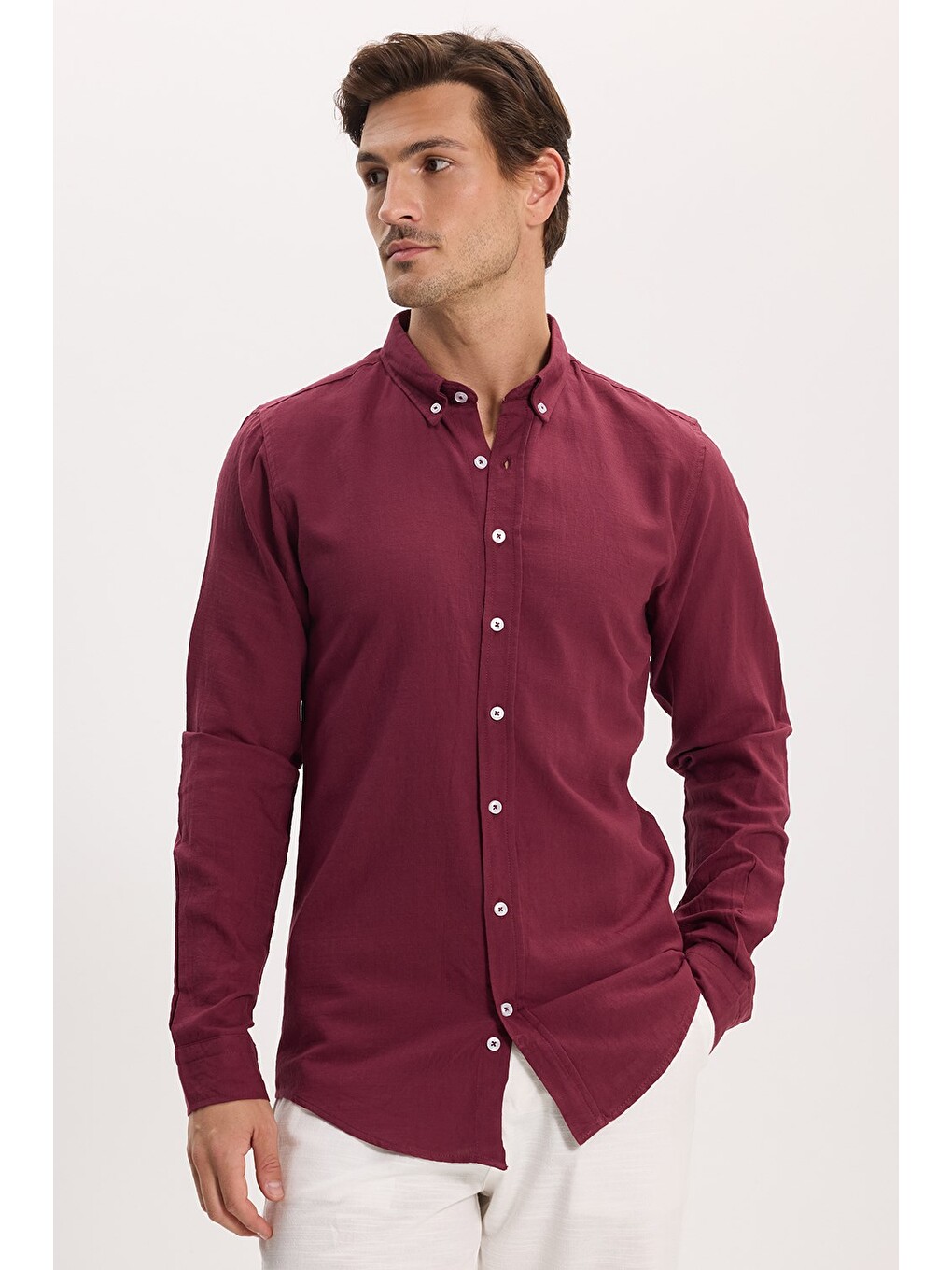 Erkek Slim Fit Dar Kesim %100 Pamuk Düğmeli Yaka Flam Keten Bordo Gömlek-3