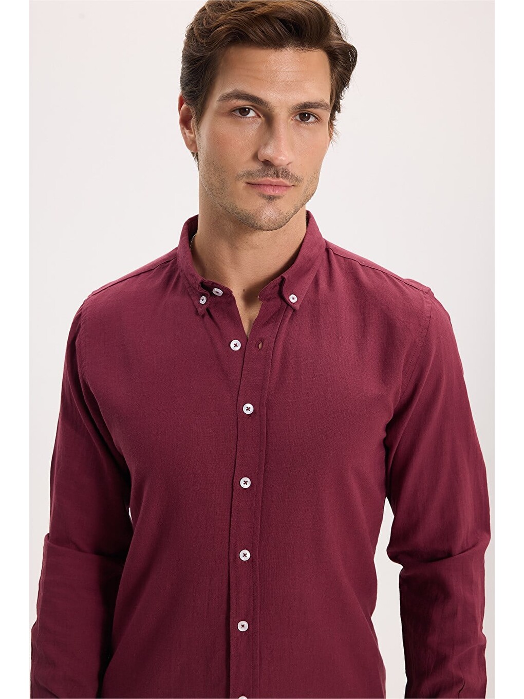Erkek Slim Fit Dar Kesim %100 Pamuk Düğmeli Yaka Flam Keten Bordo Gömlek-5