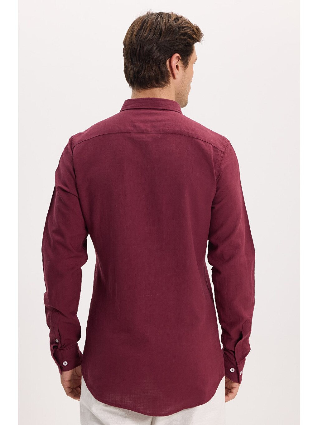 Erkek Slim Fit Dar Kesim %100 Pamuk Düğmeli Yaka Flam Keten Bordo Gömlek-6