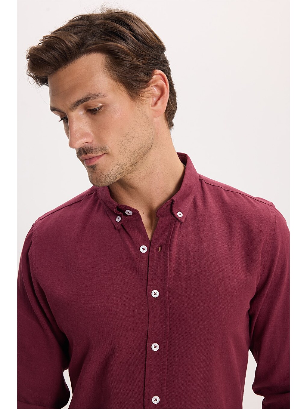 Erkek Slim Fit Dar Kesim %100 Pamuk Düğmeli Yaka Flam Keten Bordo Gömlek-7