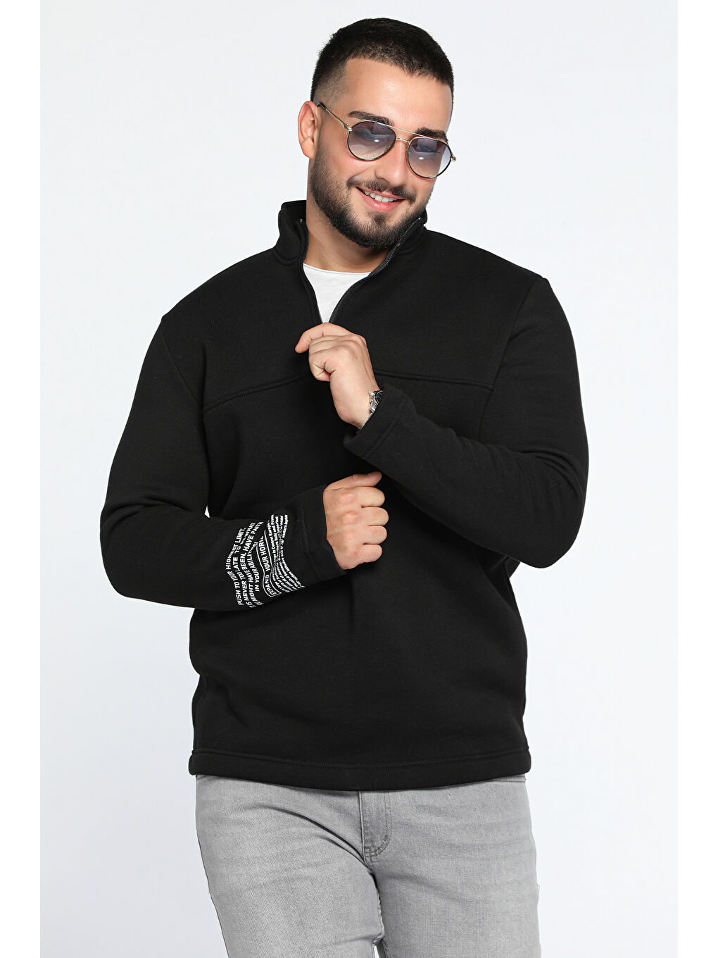 Mishar İtalia Siyah Erkek Dik Yaka Yarım Fermuarlı Şardonlu Üç İplik Sweatshirt