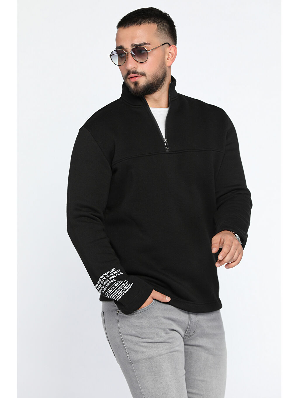 Mishar İtalia Siyah Erkek Dik Yaka Yarım Fermuarlı Şardonlu Üç İplik Sweatshirt - 1