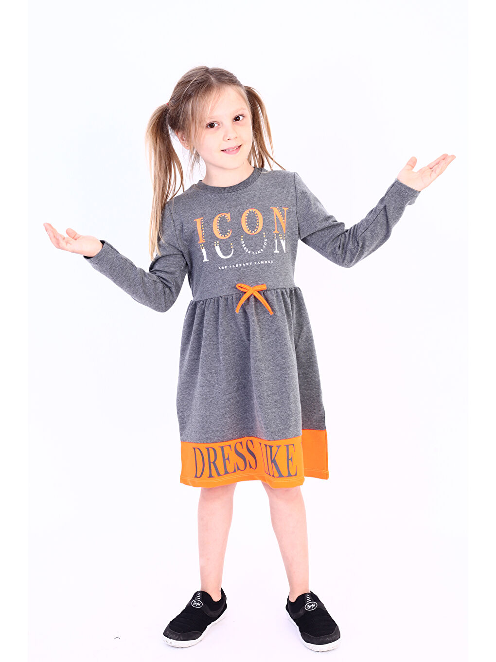 Antrasit Kız Çocuk Icon Baskılı Elbise