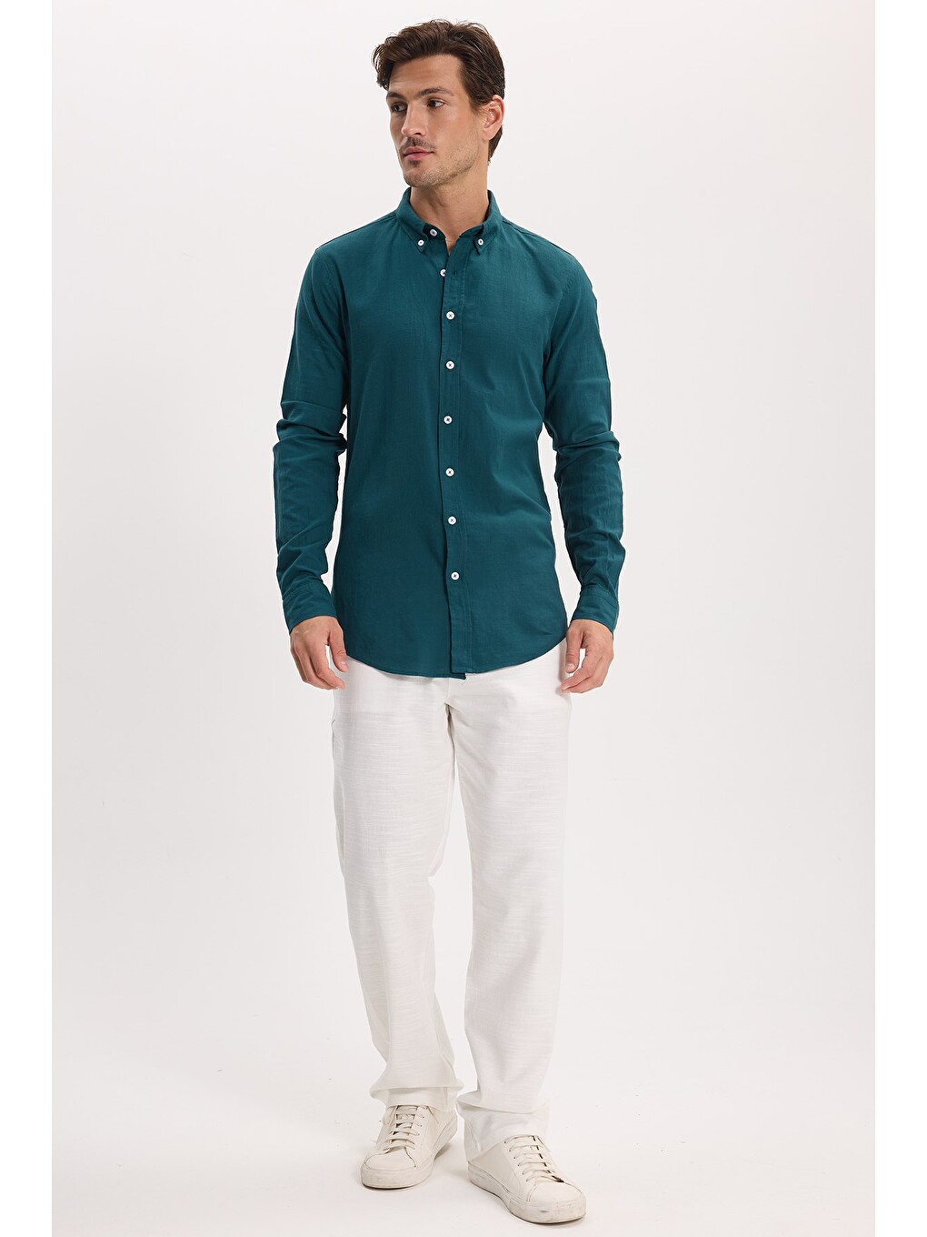 Erkek Slim Fit Dar Kesim %100 Pamuk Düğmeli Yaka Flam Keten Yeşil Gömlek-1