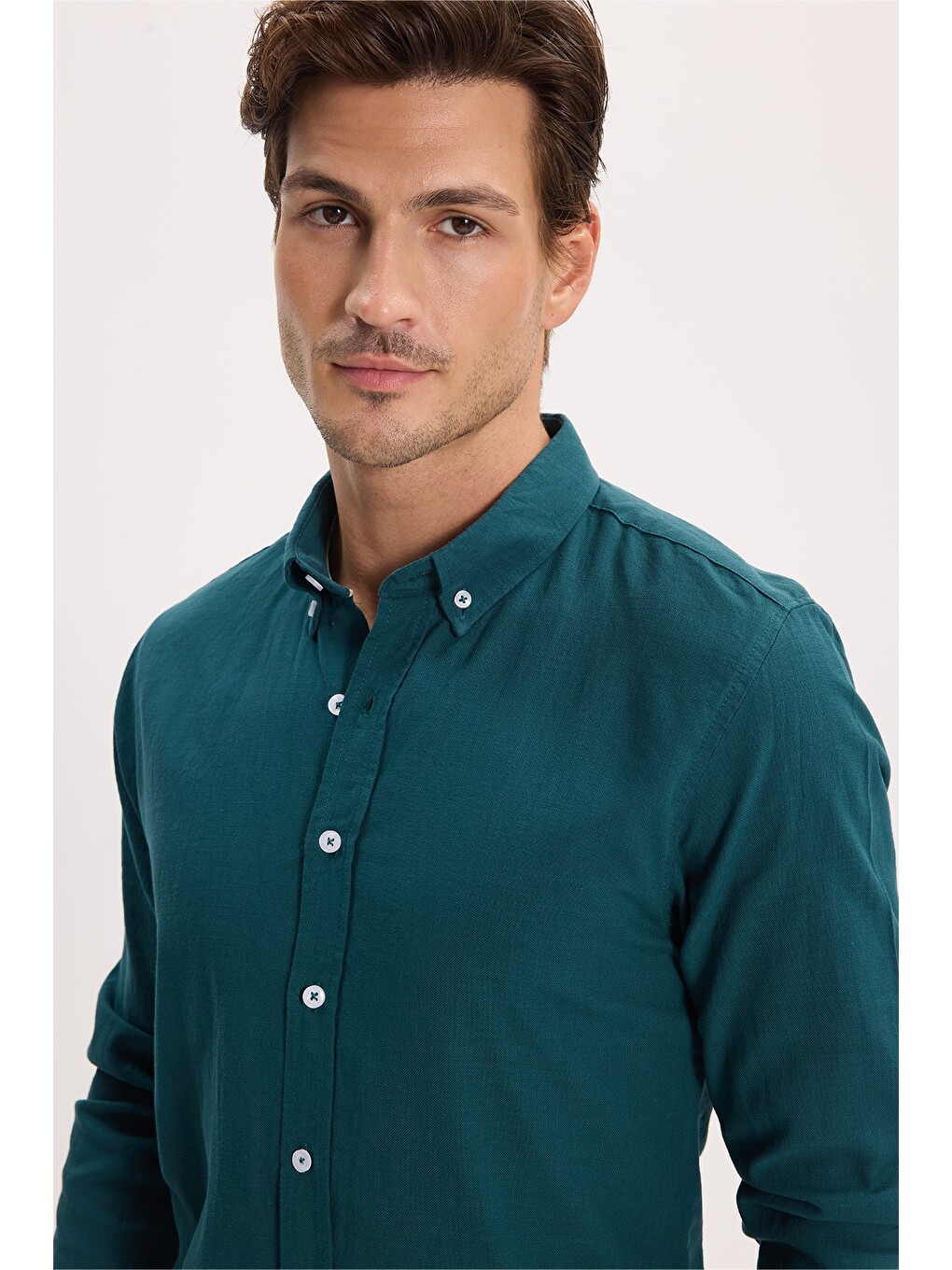 Erkek Slim Fit Dar Kesim %100 Pamuk Düğmeli Yaka Flam Keten Yeşil Gömlek-2