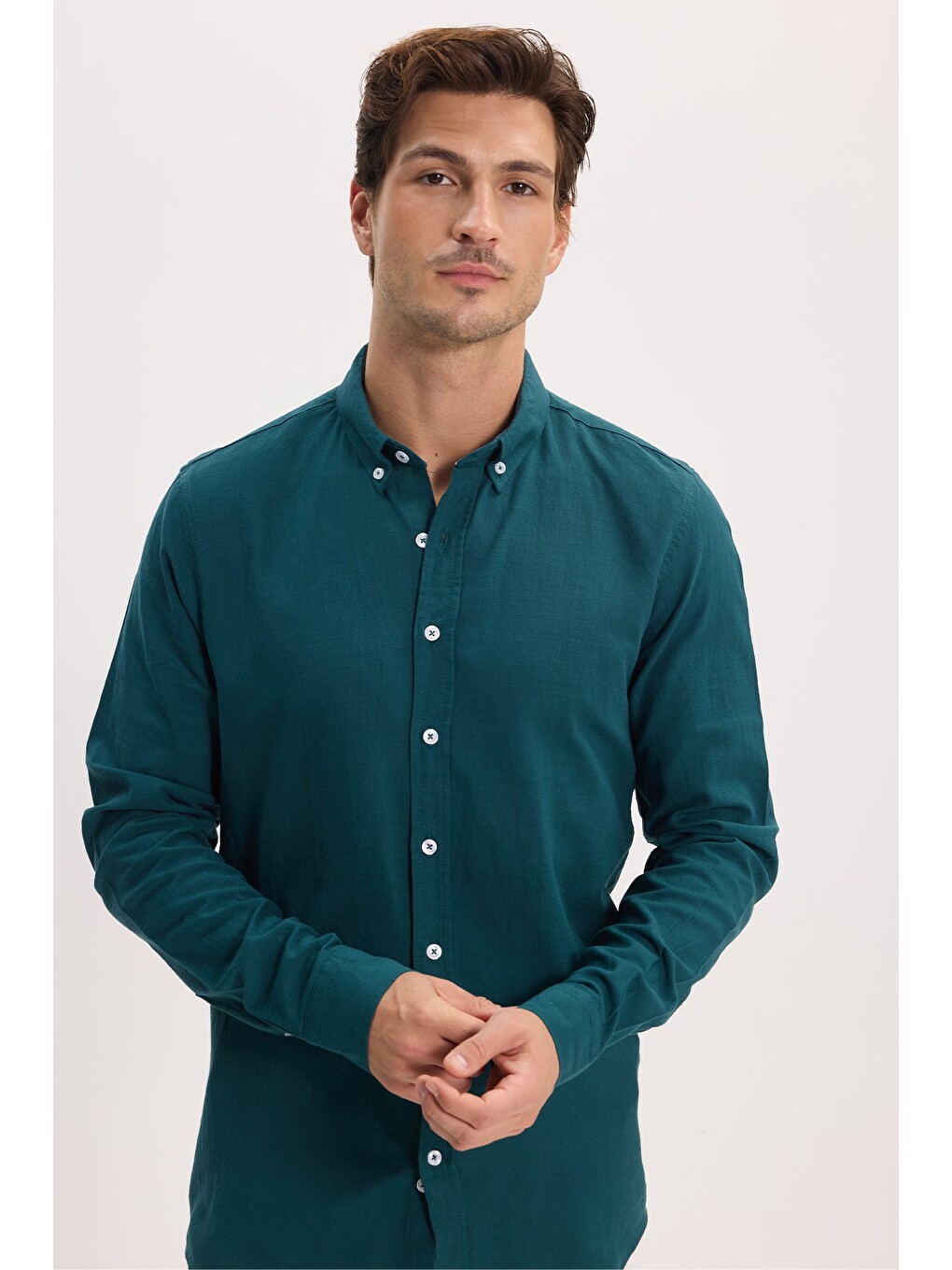 Erkek Slim Fit Dar Kesim %100 Pamuk Düğmeli Yaka Flam Keten Yeşil Gömlek-3