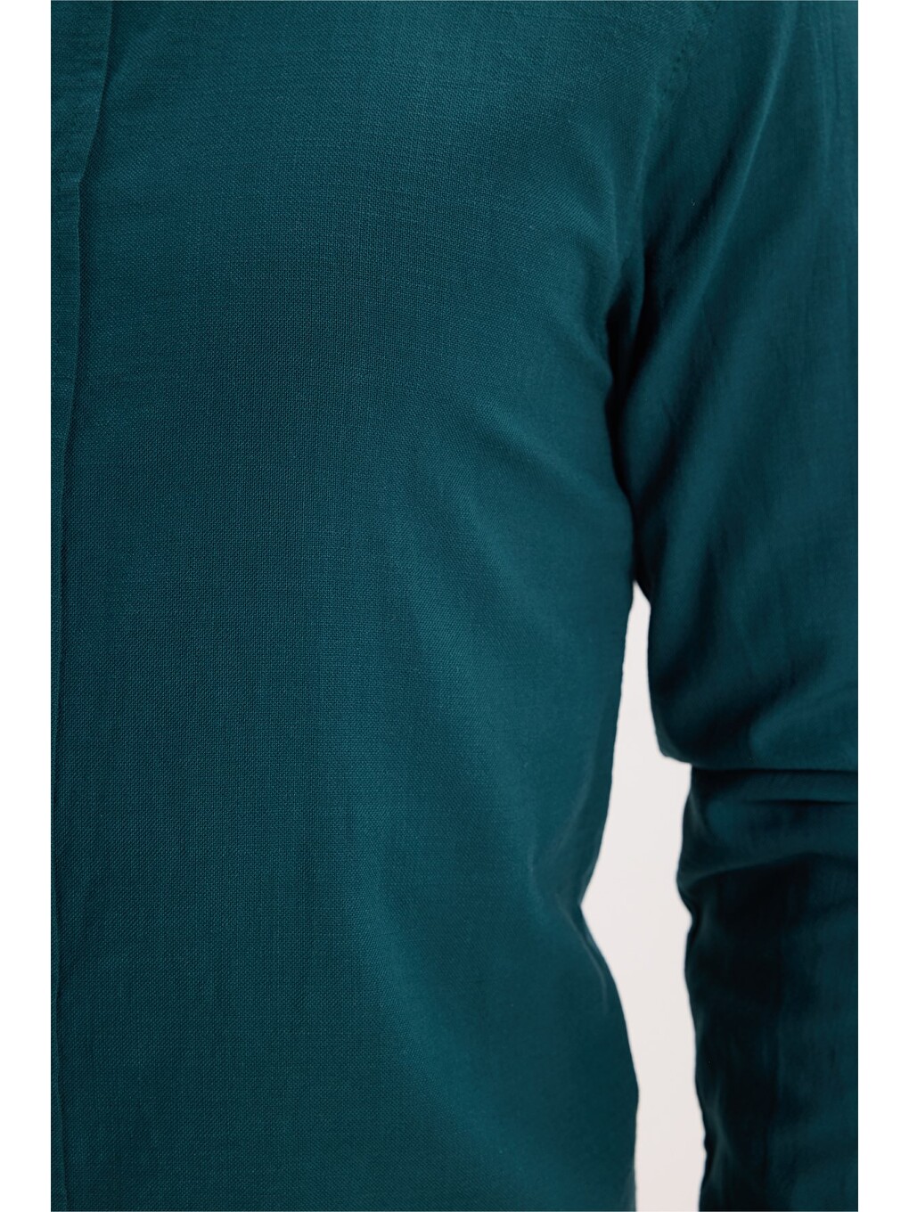 Erkek Slim Fit Dar Kesim %100 Pamuk Düğmeli Yaka Flam Keten Yeşil Gömlek-4