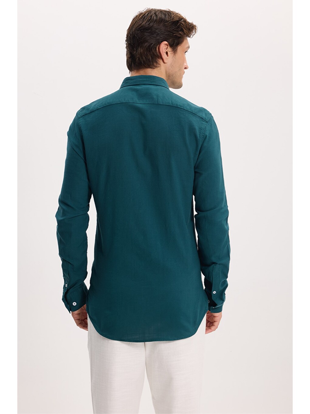 Erkek Slim Fit Dar Kesim %100 Pamuk Düğmeli Yaka Flam Keten Yeşil Gömlek-6