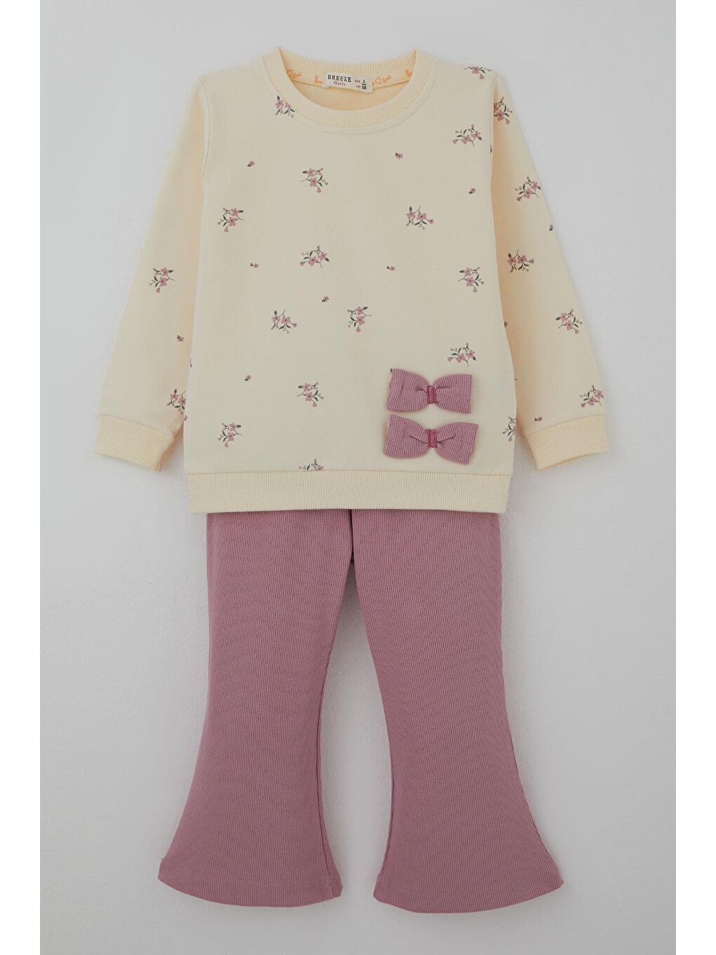 Ekru Kız Çocuk Taytlı Takım İspanyol Paça Çiçek Desenli Fiyonk Detaylı Krem (1.5-5 Yaş)-3